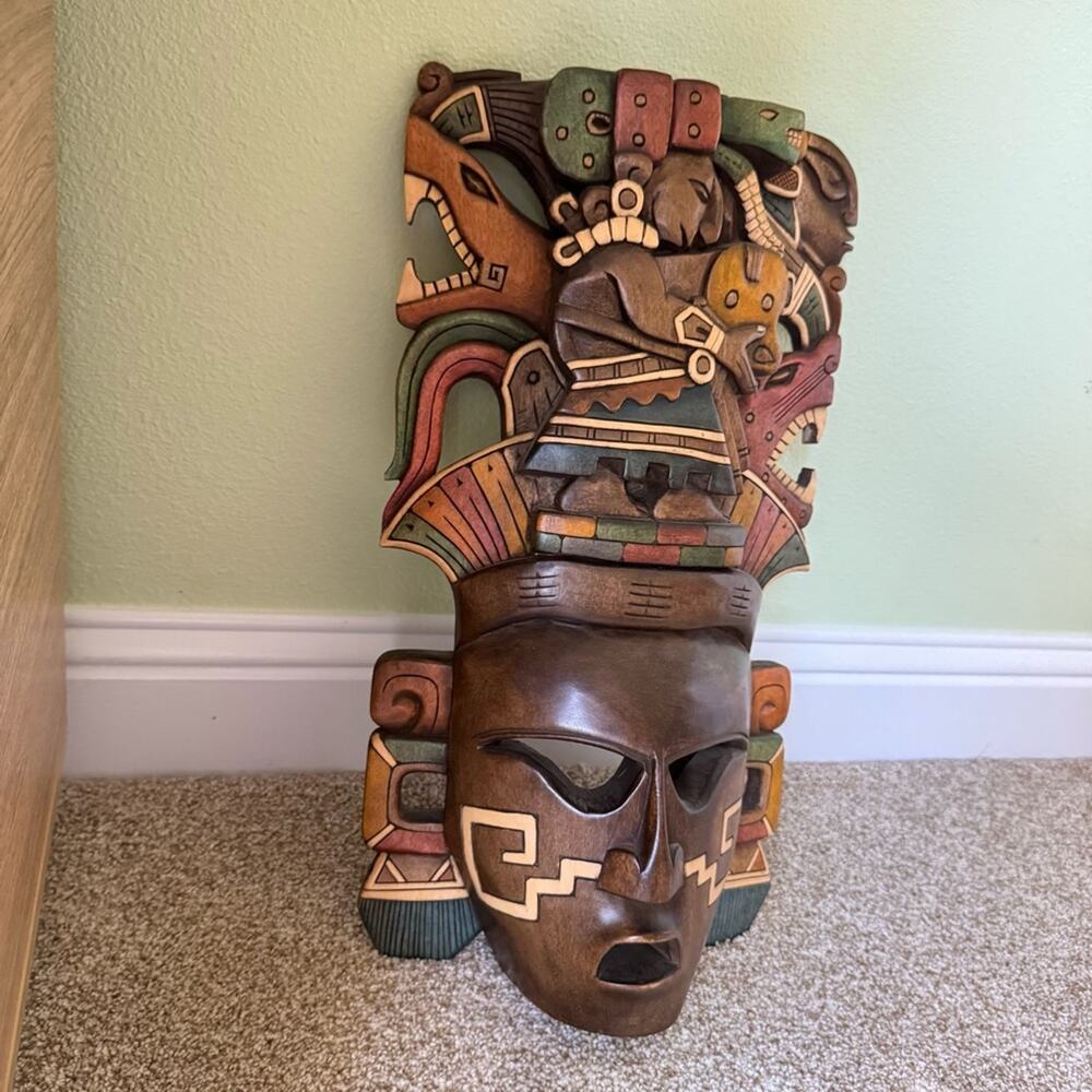 Handcrafted Wooden Mask Wall Hanging Art Ixchel Mayan Mexican Aztec Sculpture - Picture 6 of 12